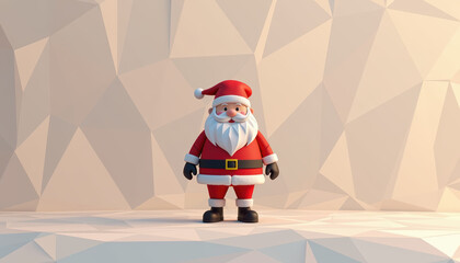 Minimal low poly Santa Christmas holiday geometric 3D cheerful red suit white beard standing indoors