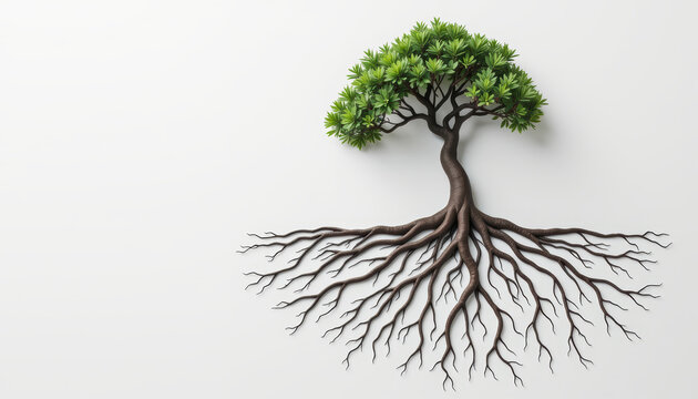 Green tree root and trunk with leafy canopy evoke growth and stability