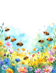 A vibrant watercolor painting featuring an array of delicate flowers in soft pastel hues, with busy bees fluttering around, adding life and movement.