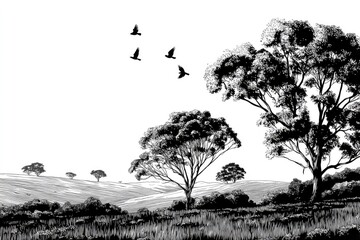 Monochrome landscape drawing of trees and birds