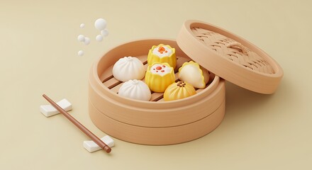 Fototapeta premium Delicious dim sum dumplings steamed in bamboo basket with chopsticks