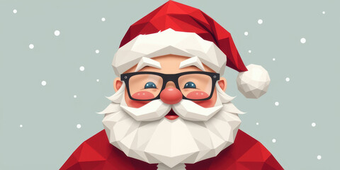 Low poly Santa Claus glasses red hat white beard smiling winter snow cheerful holiday