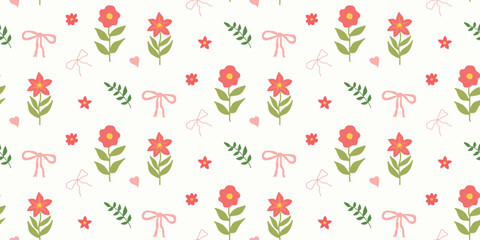 Coquette floral trellis seamless pattern with bows and ribbons. Preppy spring summer hand drawn flowers. Botanical elegant trendy. Vintage pattern for fabric, wallpaper, decor, background, paper