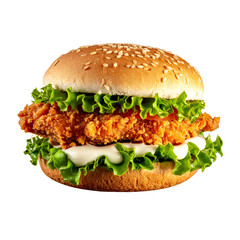 Fried chicken sandwich with lettuce and mayo isolated on black background