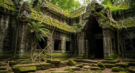 Ancient overgrown temple ruins in a lush jungle environment with exposed roots