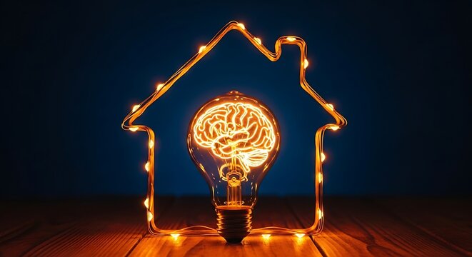 Light bulb with brain inside, framed by a house shape of fairy lights idea concept