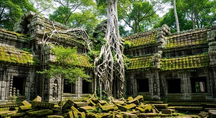 Ancient Temple Ruins with a Tree Embracing the Architecture and Overgrowth