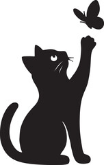 Cat paw reaching toward flying butterfly silhouette, playful pet vector for creative designs.