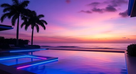 Luxury Infinity Pool at Sunset with Neon Lights and Palm Trees swimming pool resort