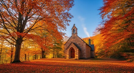 Autumnal Church in a Vibrant Forest: Capturing Seasonal Beauty and Architectural Detail