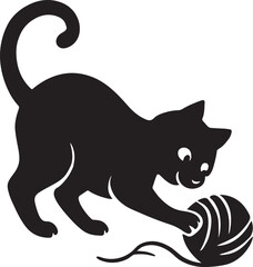 Cat playing with yarn ball silhouette, playful feline vector for pet and creative designs.