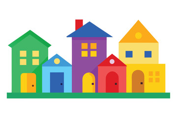 Fototapeta premium Cartoon Houses Illustration Colorful Geometric Buildings with Doors, Windows, and Chimneys on Green Base