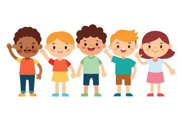 Cartoon Illustration Diverse Group of Cheerful Children Waving Hand, Isolated on White