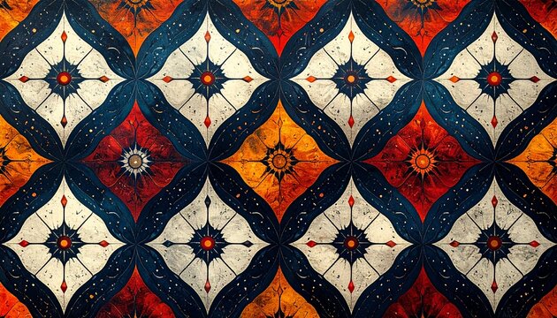 An ornate, repeating geometric pattern of colorful diamond shapes with intricate starburst motifs in red, orange, and blue. - Powered by Adobe