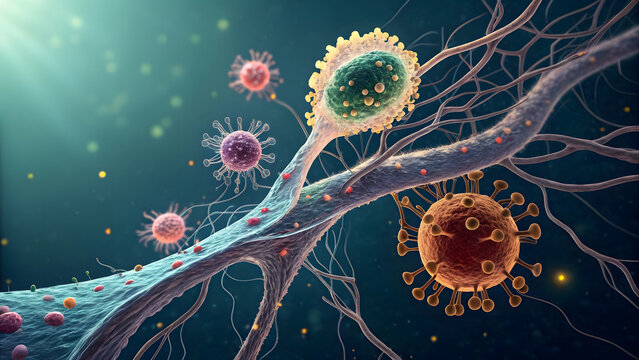 Microscopic Battleground Immune Cell, Viruses, and Pathogens Interacting on a Capillary or Neural Fiber 3D Visualization of Cellular Defense Leukocyte and Viral Particles in a Biological Microenvironm