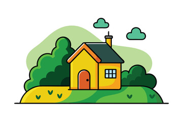 Cartoon Yellow House With Green Trees, Chimney, Small Brown Door, and Cyan Clouds