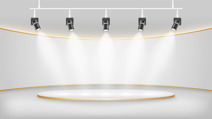 Luxury podium stage with gold trim and modern spotlights, elegant white backdrop for award ceremony, exhibition, product showcase, or event presentation