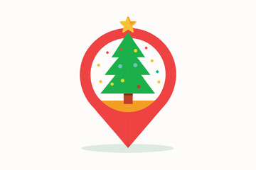 Christmas Tree Inside Red Map Pointer Icon with Star Topper Design
