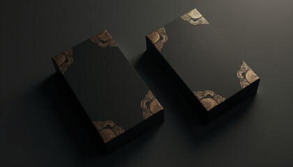 Luxury black business card with golden frame mockup on dark background – elegant premium stationery design