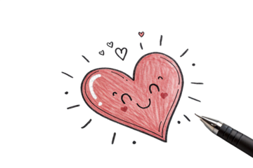 Hand drawn cheerful pink heart with a happy face and radiating lines isolated on transparent background