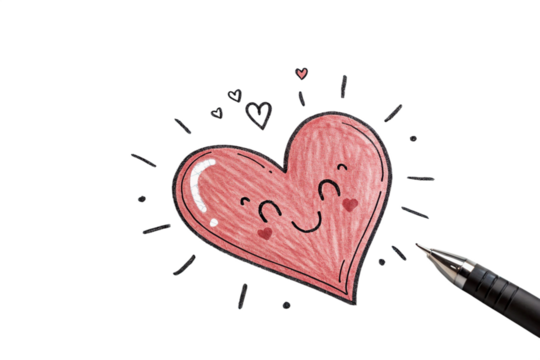 Hand drawn cheerful pink heart with a happy face and radiating lines isolated on transparent background