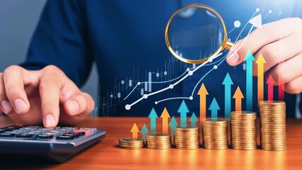 A person calculating finances while analyzing financial growth graphs and stacked coins with tools - Powered by Adobe