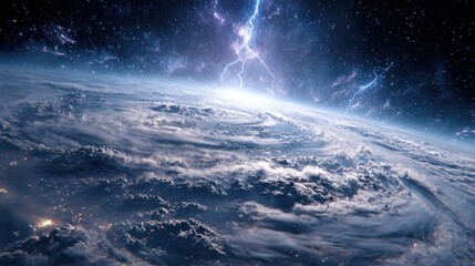 Fototapeta premium View from outer space as if standing beyond Earth, looking at a massive storm swirling across the planet, giant cloud formations with glowing lightning bolts.