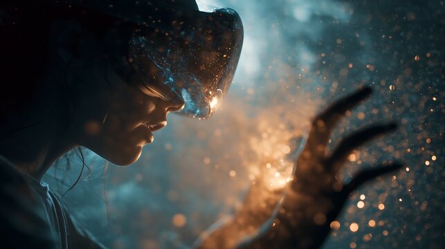 Person wearing VR headset with digital overlay - Powered by Adobe