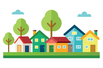 Naklejka premium Colorful Cartoon Houses with Trees and Clouds on a Green Lawn Illustration