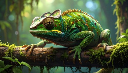 Fototapeta premium Focused Chameleon on Branch in Lush Jungle.