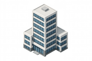 Isometric building icon representing modern office, business, apartment, or cityscape living with transparent background