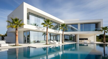 Fototapeta premium A sleek white modern minimalist villa with large glass windows, infinity pool, clean lines, and palm trees, ultra realistic 4K