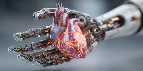 Artificial intelligence robotic hand holding glowing human heart with electric veins