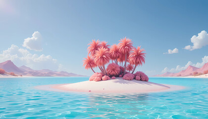 A small island with pink trees and white sand in a turquoise sea under a blue sky with clouds