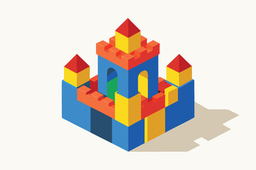 Fototapeta premium Colorful Isometric Castle Structure Constructed from Toy Blocks on Light Beige Background, Top View