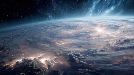 Naklejka premium View from outer space as if standing beyond Earth, looking at a massive storm swirling across the planet, giant cloud formations with glowing lightning bolts.