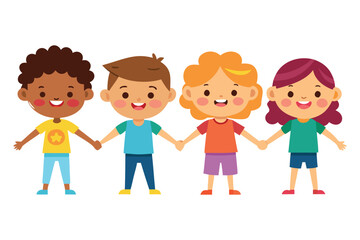 Diverse Cartoon Children Holding Hands, Celebrating Friendship and Unity on White Background
