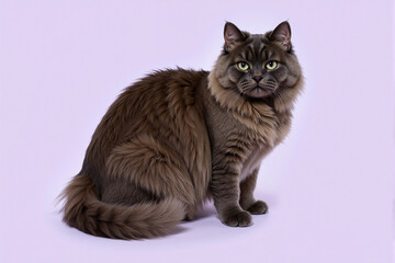 Fluffy long-haired gray tabby cat with green eyes sitting elegantly on soft lavender purple background, professional studio pet portrait photography with clean minimalist aesthetic