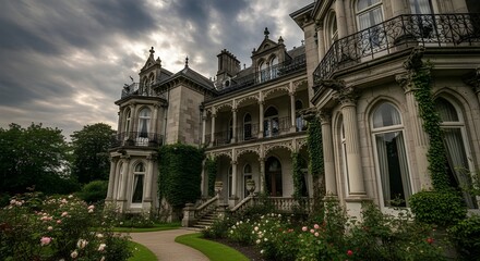 Fototapeta premium Victorian Era Villa Majestic Victorian villa with gothic details, ornate balconies, stone columns, lush garden, cloudy dramatic sky, 4K fine art style
