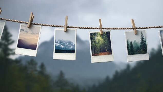 Vintage photos strung on a clothesline, depicting scenic landscapes