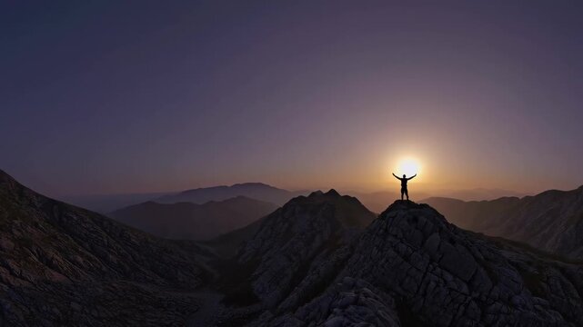Silhouette of triumphant hiker raising arms on mountain peak at sunset symbolizing perseverance and achievement.