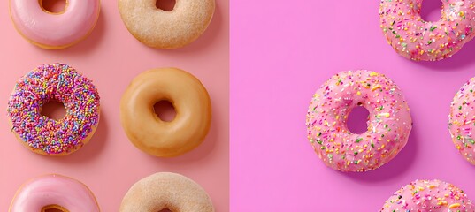Overhead shot of various donuts with colorful sprinkles and pink frosting on a split pink background, showcasing a delightful and tempting confectionery selection