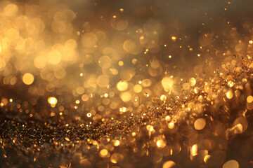 Closeup of golden glitter and bokeh lights creating a dazzling abstract background with a luxurious and celebratory feel