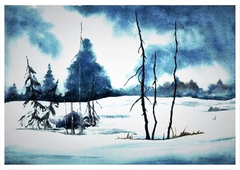 Winter landscape watercolor painting with snow-covered field, bare trees and evergreens in blue tones. Serene nature scene with atmospheric sky and forest silhouettes.