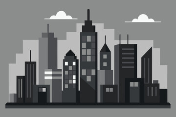 Obraz premium Grayscale Cartoon Cityscape Illustration with Modern Buildings and White Clouds in the Sky