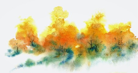 Autumn forest watercolor painting with golden yellow and orange trees. Abstract nature landscape with vibrant fall foliage colors blending into soft background.