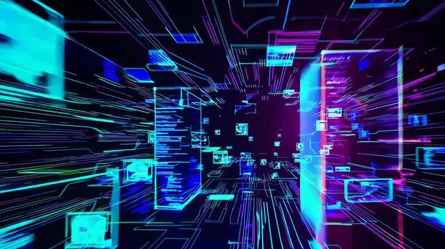 Futuristic digital interface with glowing code and data visualization against blurred colorful background. - Powered by Adobe