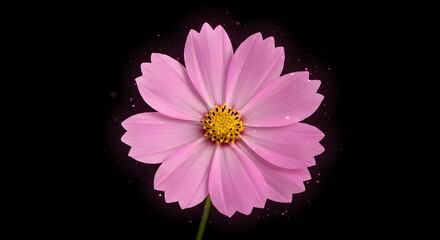 Ethereal Pink Cosmos Flower with Sparkling Particles on Black Background