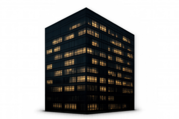 Office building featuring glowing windows capturing late hours, urban architecture, and modern corporate life. Transparent background