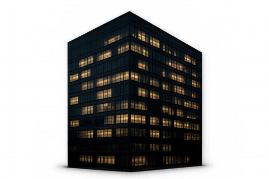 Office building featuring glowing windows capturing late hours, urban architecture, and modern corporate life. Transparent background